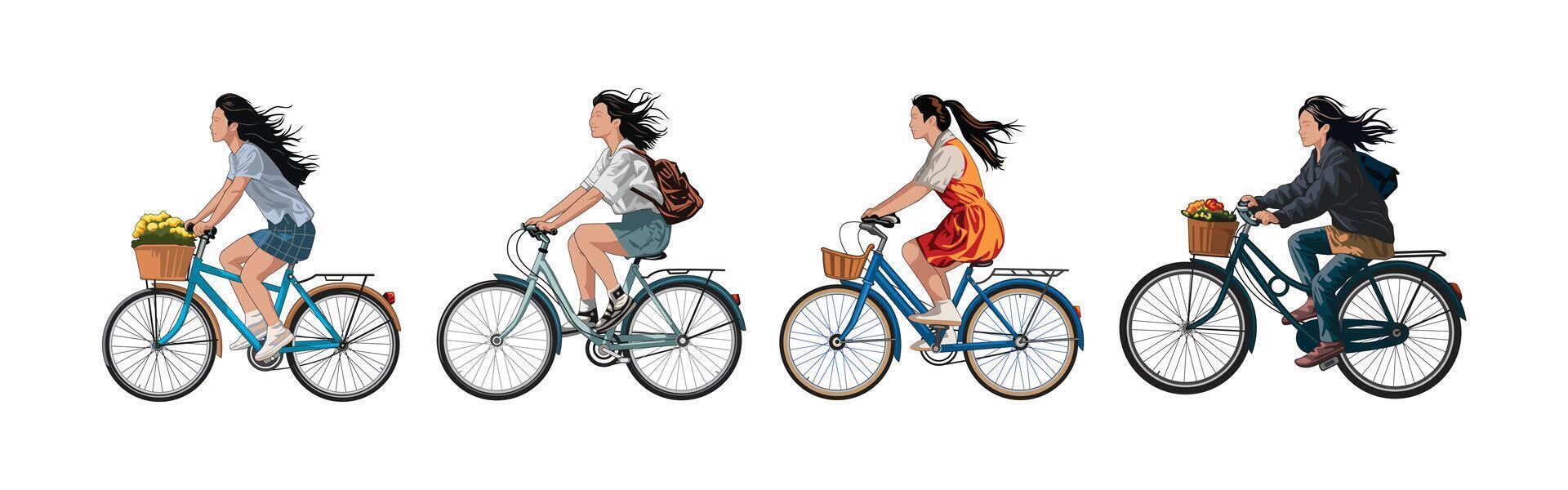 Girls riding bicycle illustration isolated object on a white background. vector