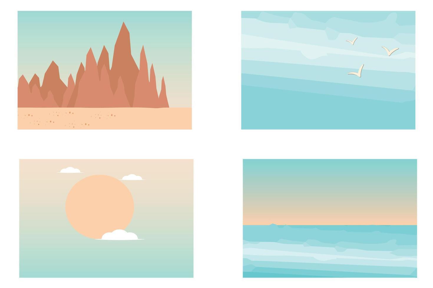 Set of minimal summer landscape illustrations with sea and desert views vector