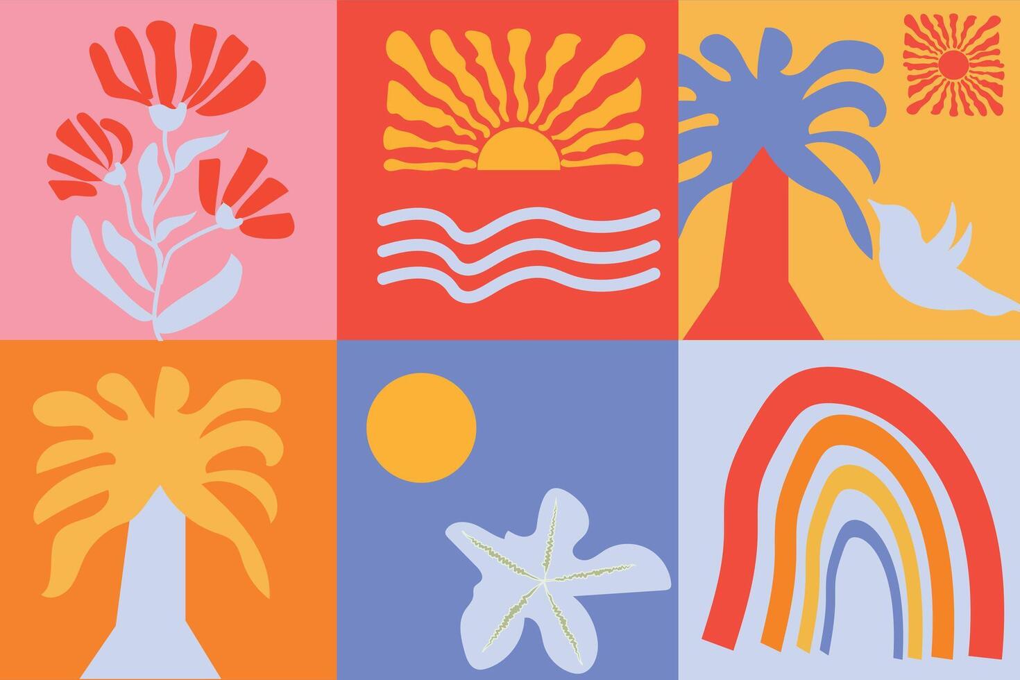 Hand drawn Matisse ocean design. Modern elements in trendy minimalist style. Abstract tropical plants sun rainbow collage in colorful vibrant illustration vector