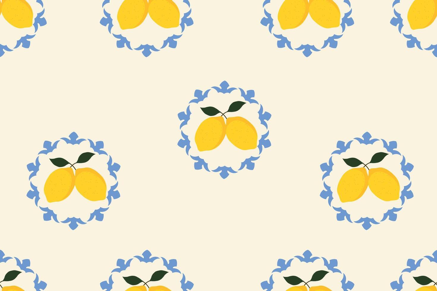 Mediterranean lemon fruit pattern with floral blue circle on cream background. Mediterranean design for kitchen textiles, wallpaper, wrapping, cover, background. vector