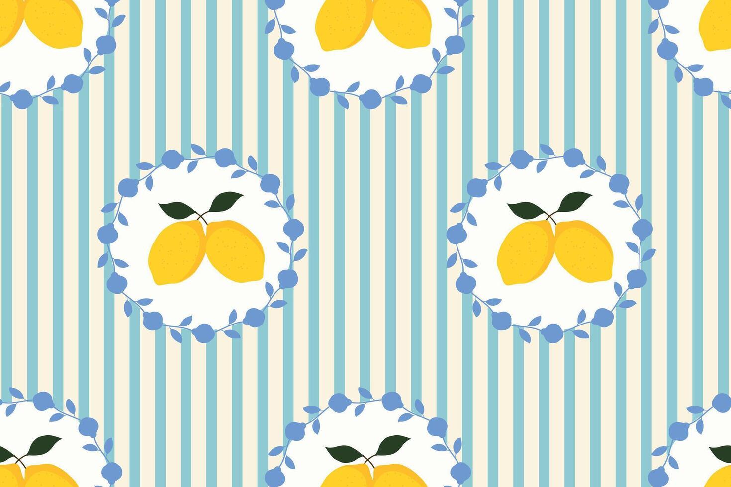 Mediterranean lemons pattern with blue leaves and vertical green stripes. Mediterranean design for kitchen textiles, wallpaper, wrapping, cover, background. vector