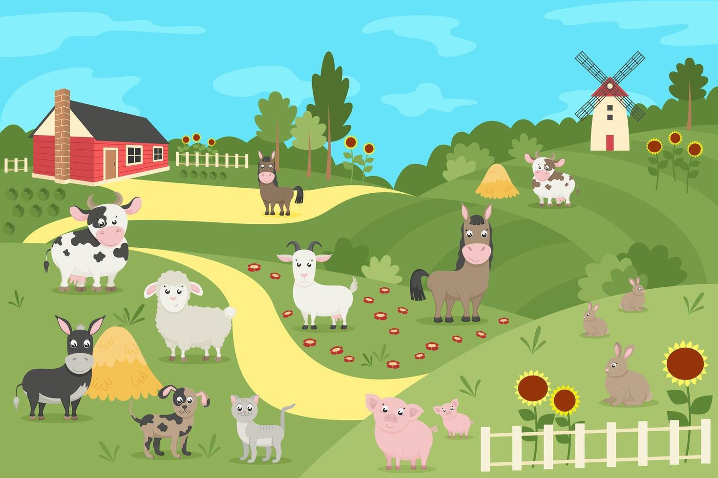 Set of farm animals with summer landscape. Cow, horse, donkey, sheep, goat, pig, rabbit, dog and cat. illustration in flat cartoon style. vector