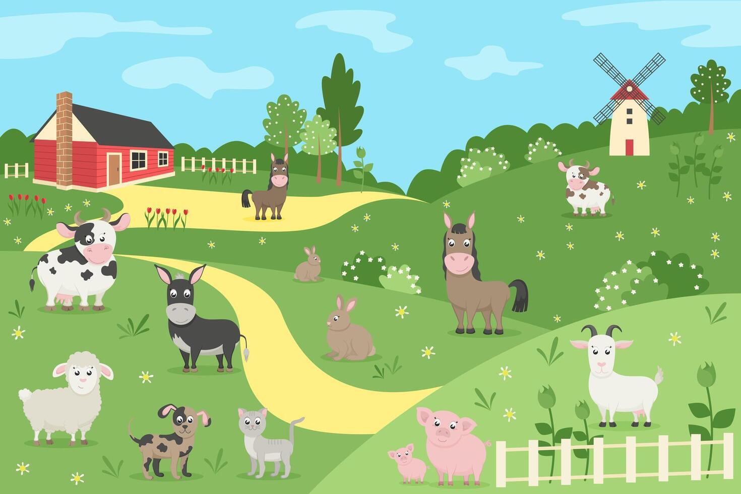 Farm animals with spring landscape. Cow, horse, donkey, sheep, goat, pig, dogs and cat. illustration in flat cartoon style. vector