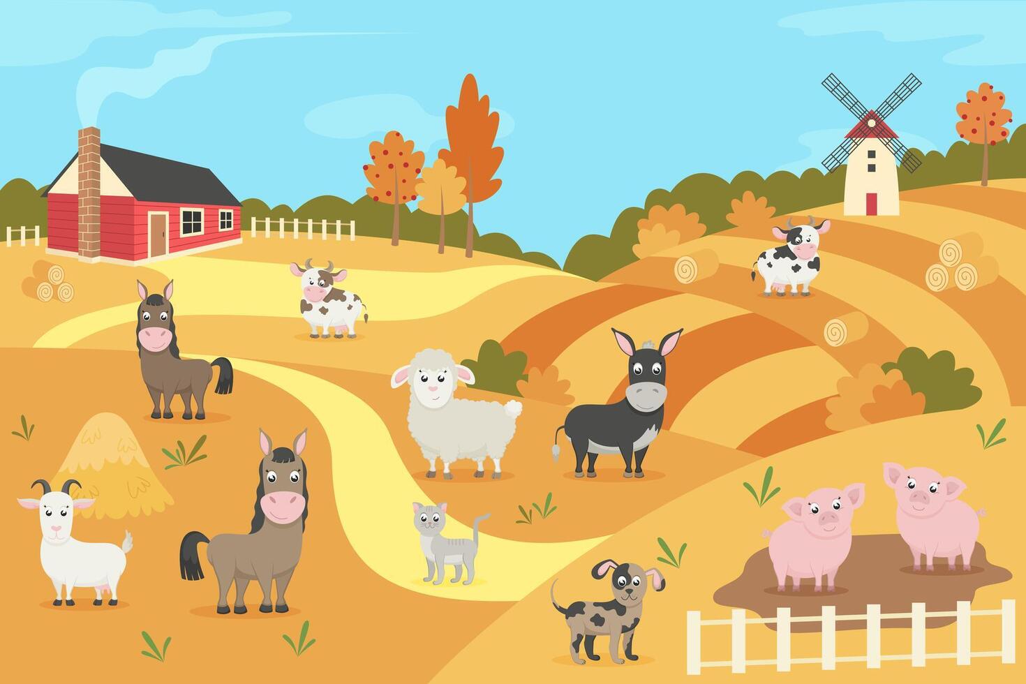 Set of farm animals with fall landscape. Cow, horse, donkey, sheep, goat, pig, rabbit, dog and cat. illustration in flat cartoon style. vector