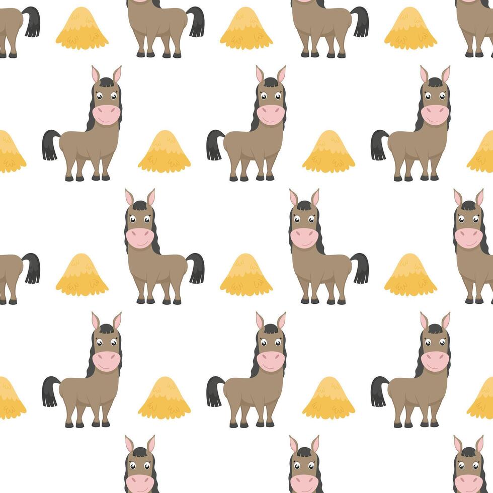 Seamless pattern of cute horses on a white background. Domestic farm animals in flat style. illustration. vector