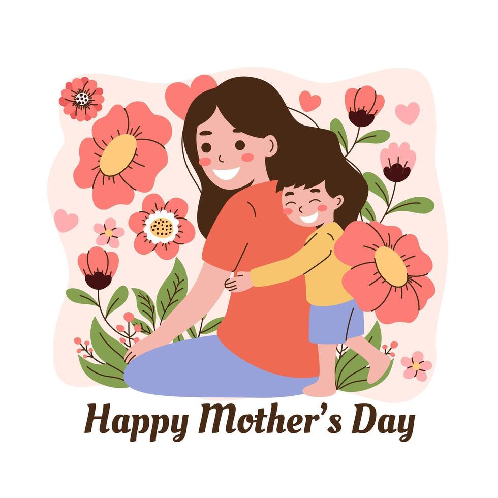 Mother and child in the garden with flowers vector
