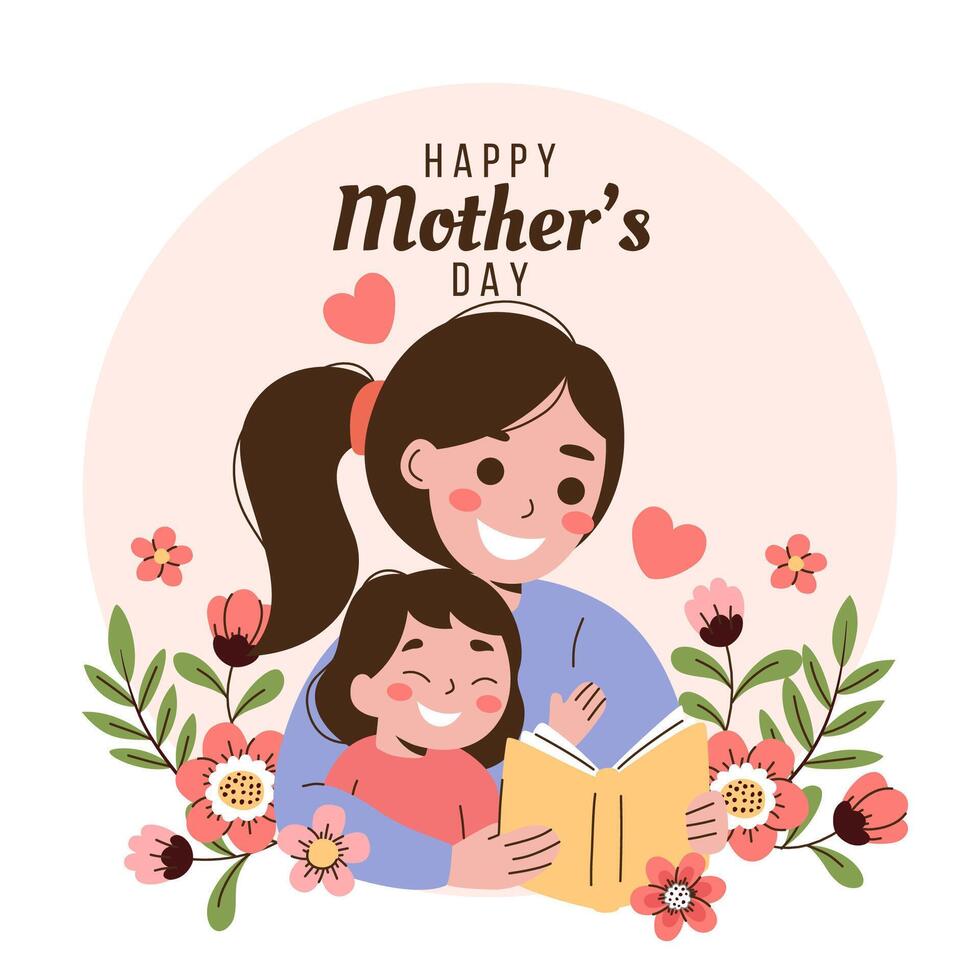 Mothers day card with mother and daughter reading book vector