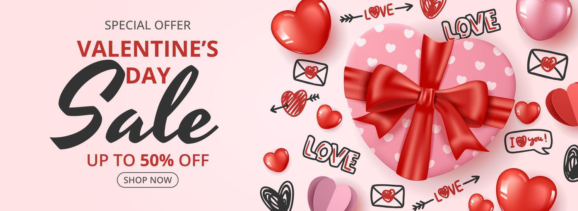 Valentine's day sale banner with hearts and red bow vector