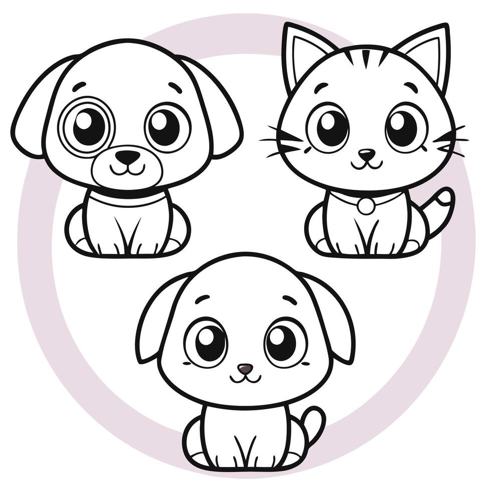 Cute Cartoon Puppies and Kittens Coloring Sheet for Kids vector
