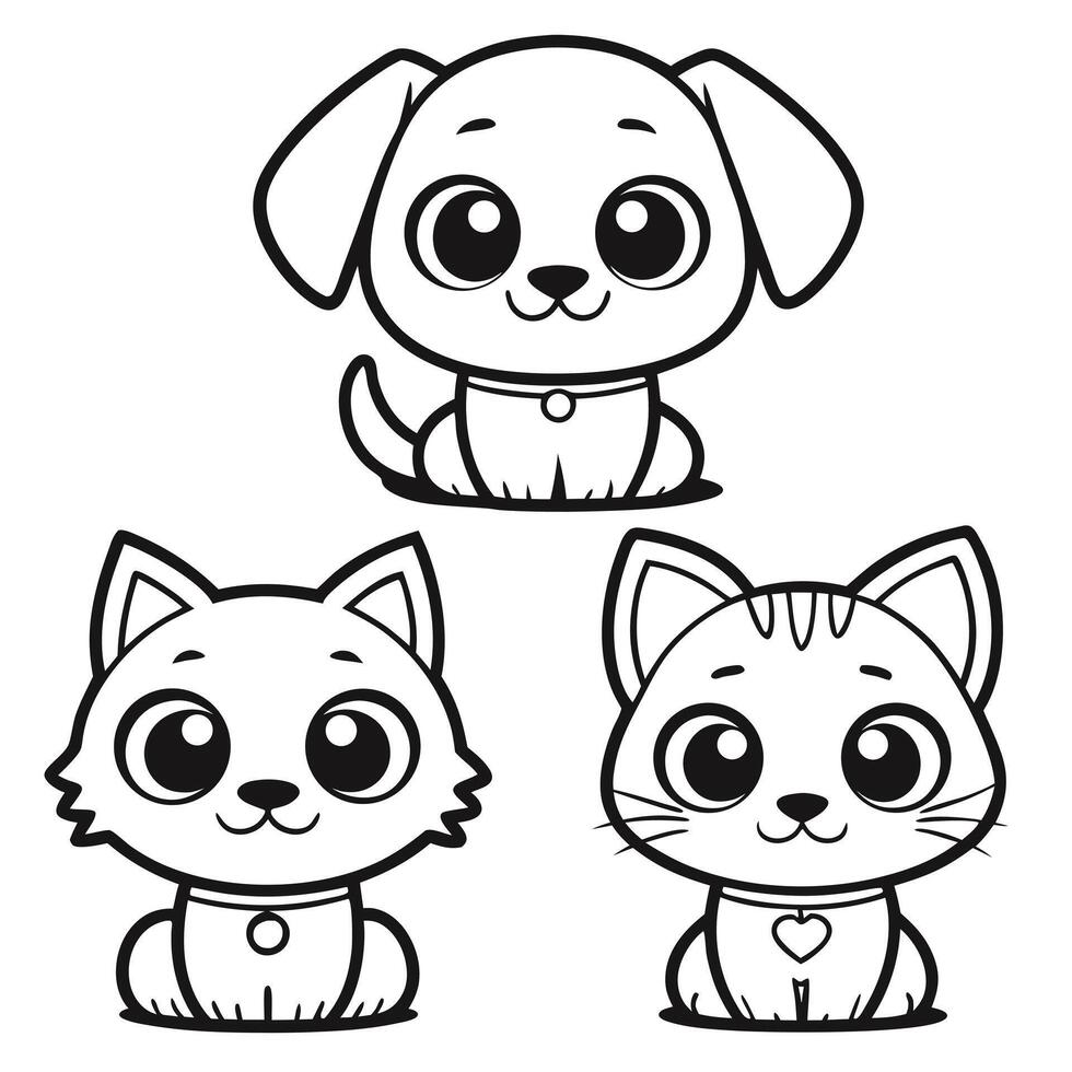 Happy Puppy and Kitten Friends Black and White Line Drawing vector