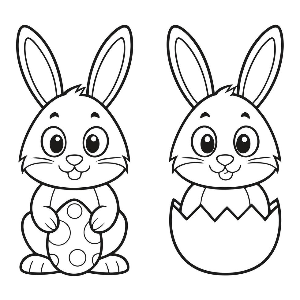 Whimsical Easter Bunnies with Eggs Black and White Line Art for Coloring vector