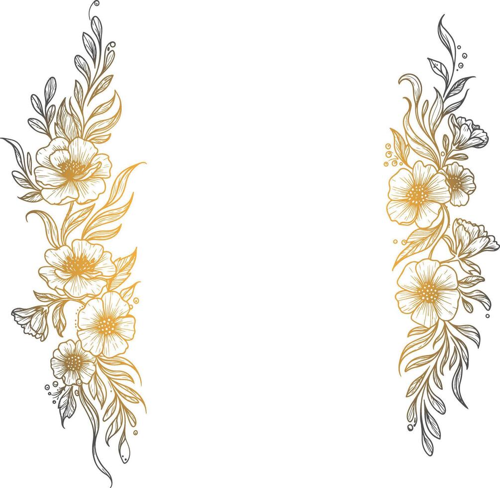 Hand-drawn vintage botanical floral corner frame with golden gradient flowers and leafy swirls, perfect for luxury wedding invitations, elegant packaging, stationery, and sophisticated graphic design vector