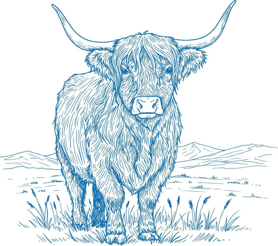 Simple Minimal Hand Drawn Highland Cow with Mountain Landscape vector