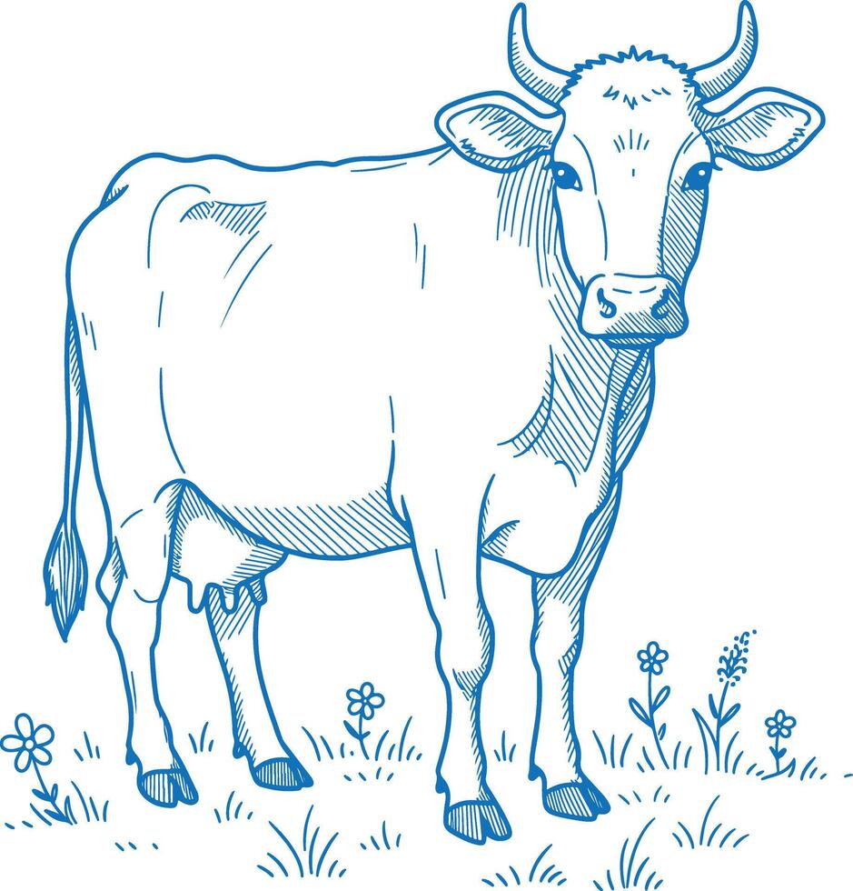 Hand Drawn Detailed Cow Illustration in Vintage Rustic Style Black and White Cattle Artwork for Farmhouse Decor Retro Rural Agriculture Theme Farm Animal Sketch vector
