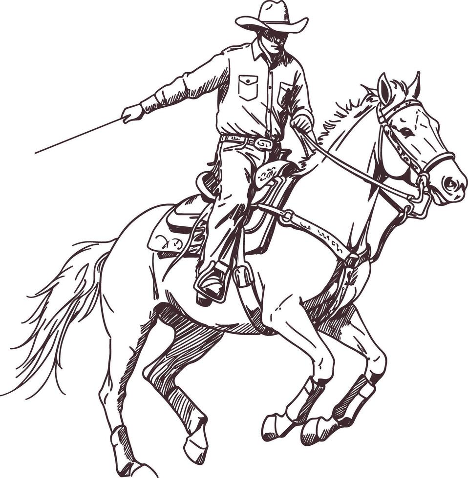 Western cowboy riding a galloping horse in a high speed rodeo competition hand drawn black and white sketch showcasing wild west action rustic tradition and vintage equestrian culture vector