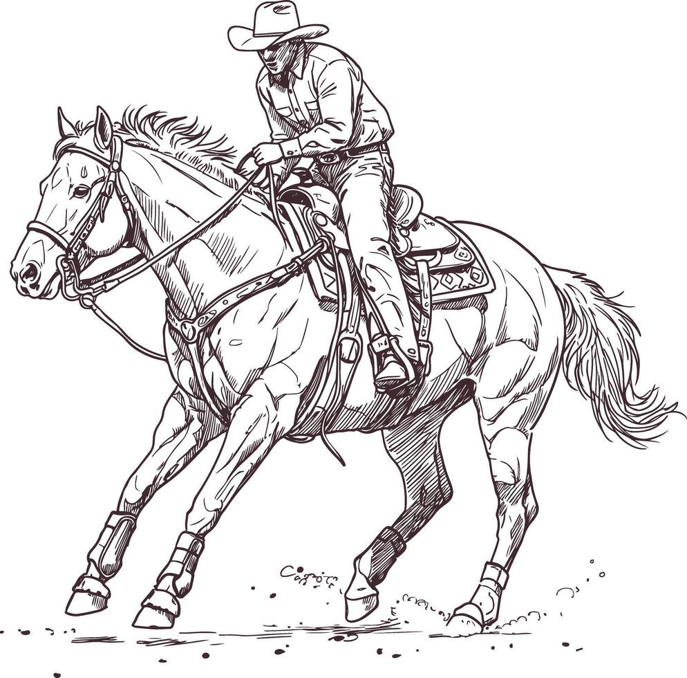 Hand drawn western cowboy sprinting on horse in traditional rodeo event vintage black and white illustration dynamic wild west action perfect for rustic themed art and design projects vector