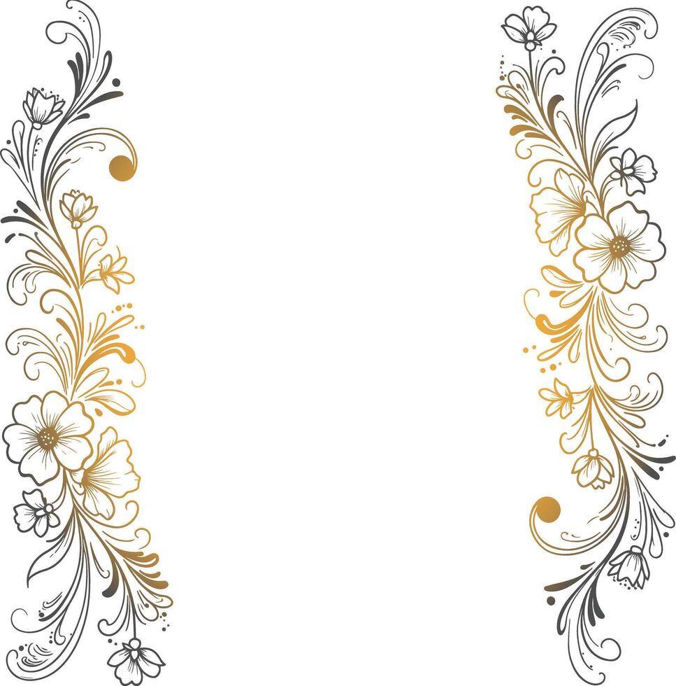 Ornate hand-drawn golden floral design with vintage botanical elements, delicate swirls, and graceful line work, ideal for refined invitations, luxury packaging, and artistic stationery layouts vector