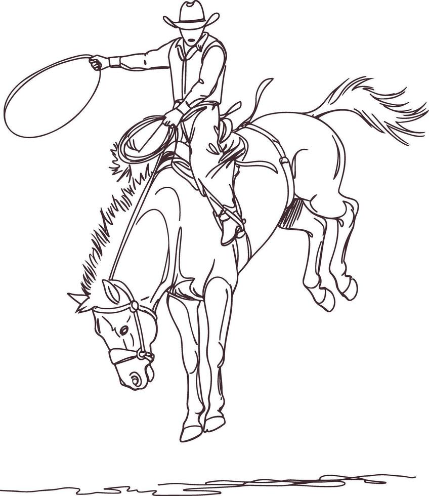 Rustic hand drawn cowboy racing at full gallop during intense rodeo competition traditional western culture illustrated in detailed black and white sketch perfect for wild west themed vector