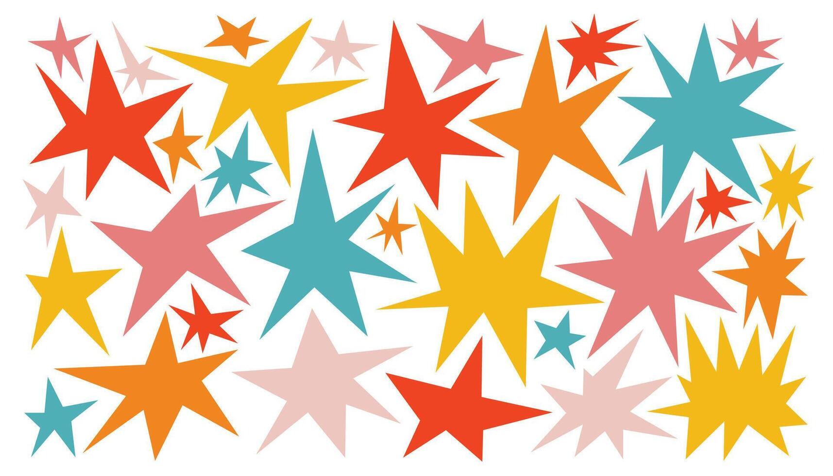 Cute colorful groovy star poster or collection of design elements. Set of sparkle shapes. vector