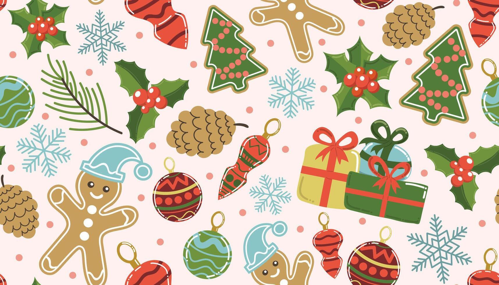Christmas pattern with gingerbread man and holly berry, snowflakes and gifts on a light background. Winter holidays seamless background perfect for use in packaging vector