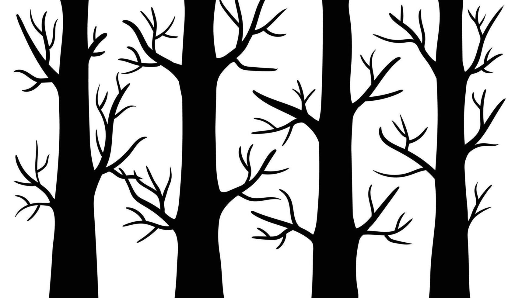 Bare trees stand in a row. Naked trees silhouettes set. Winter or autumn woodland. vector