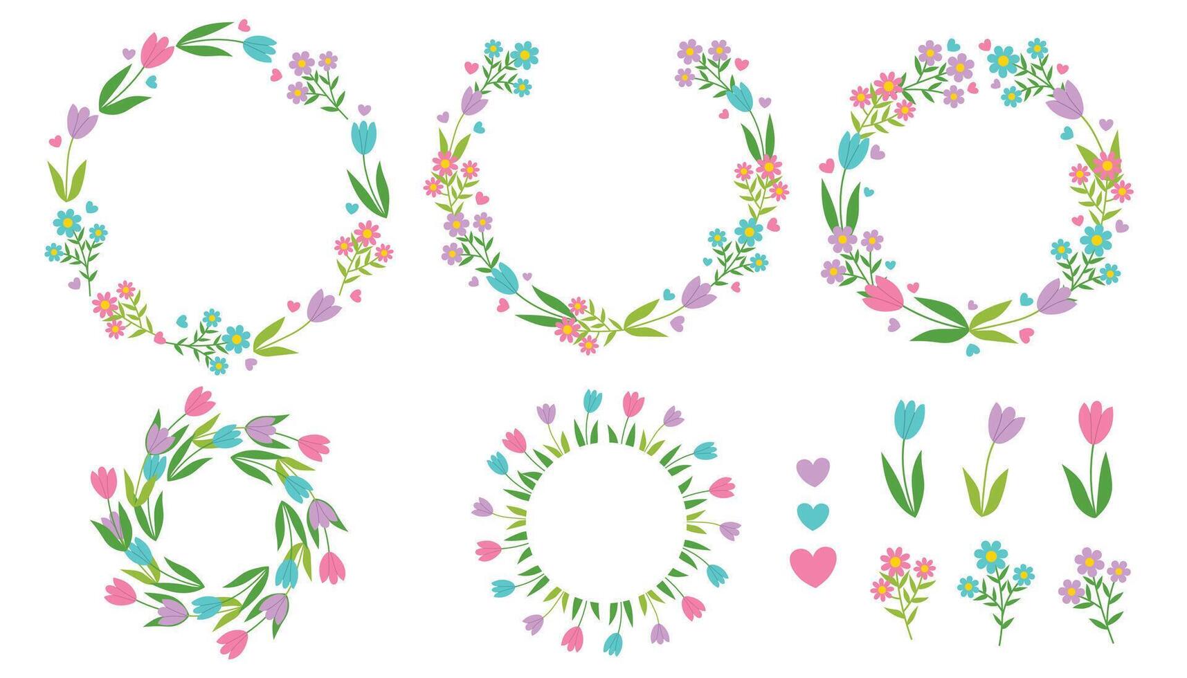 Round frames with spring flowers. Tulip wreaths, round borders and flowers collection. vector