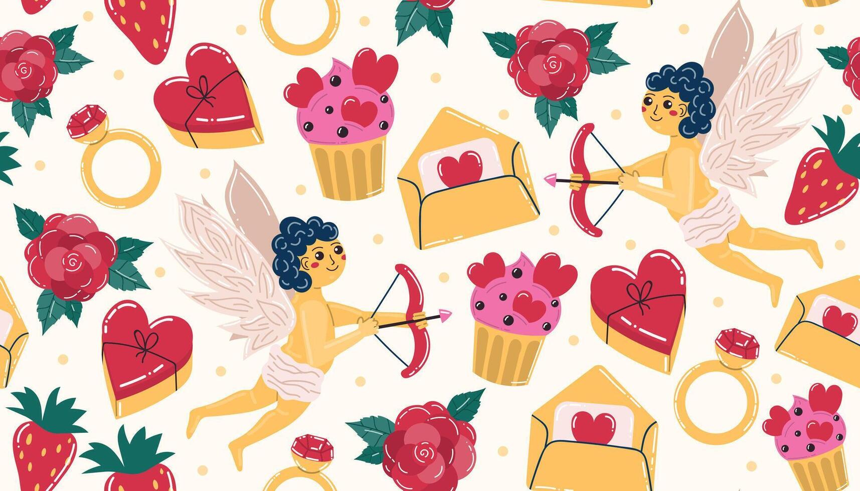 Cute Valentines seamless pattern with Cupid and heart candy box, envelope, cakes and rose flowers, dots. Happy Valentine's Day wrapping paper in flat style, love, engagement or wedding print. vector