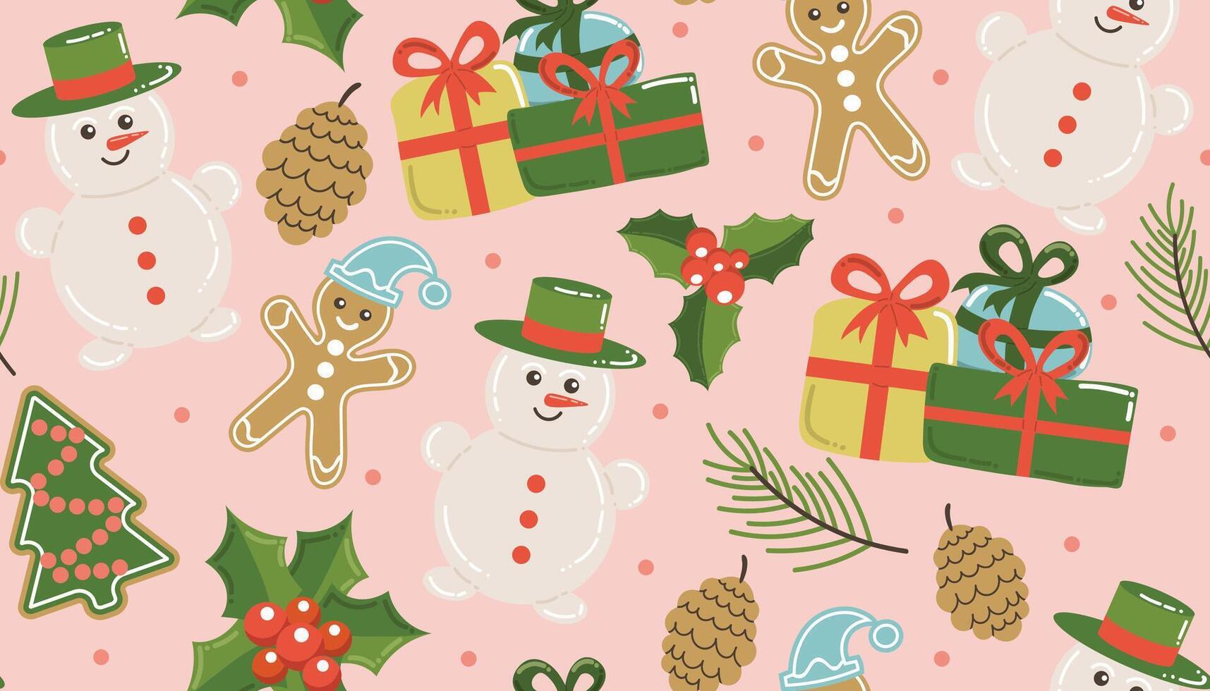 Christmas pattern with gingerbread man and holly berry, snowman and gifts on a pink background. Winter holidays seamless background perfect for use in packaging, wallpapers, and festive decorations. vector