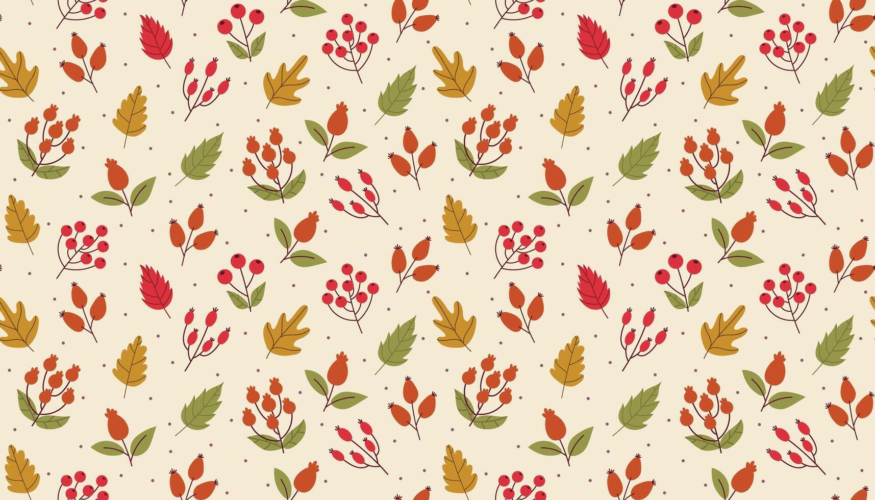 Autumn seamless pattern with leaves and branches with berries in flat style. Cute fall cover, wrapping paper, textile and more. vector