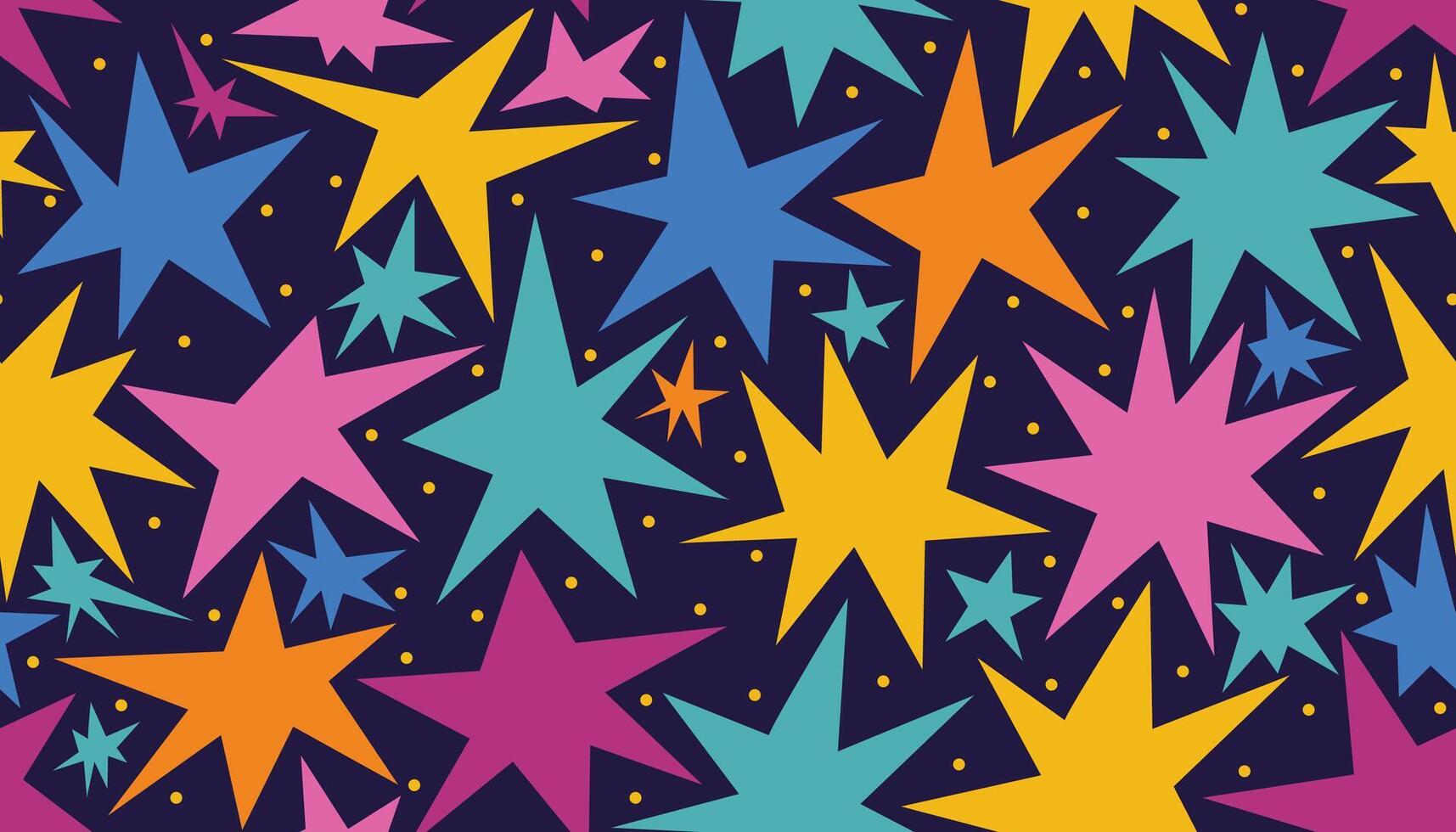 Cute seamless magic pattern with bright stars and dots on a dark blue background. Magic pattern with shining asymmetrical stars. vector