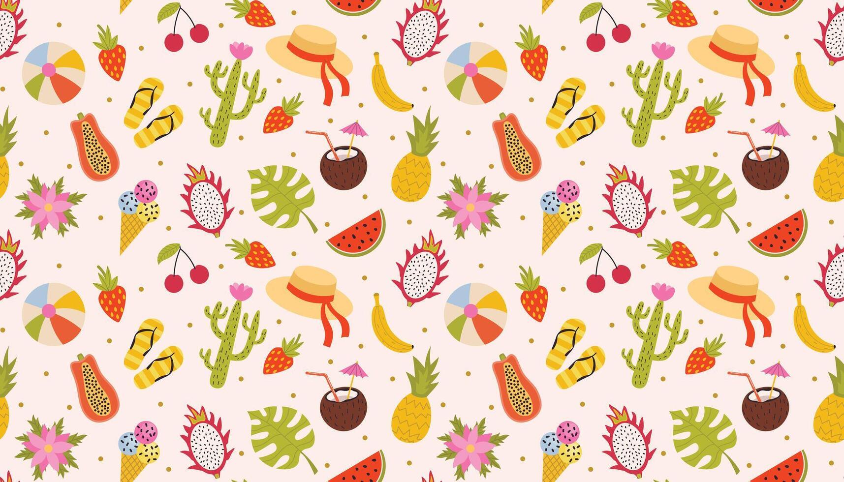 Cute summer vacation seamless pattern with tropical fruits and cactus, ice cream and more. Colorful summer holidays background in flat style. vector
