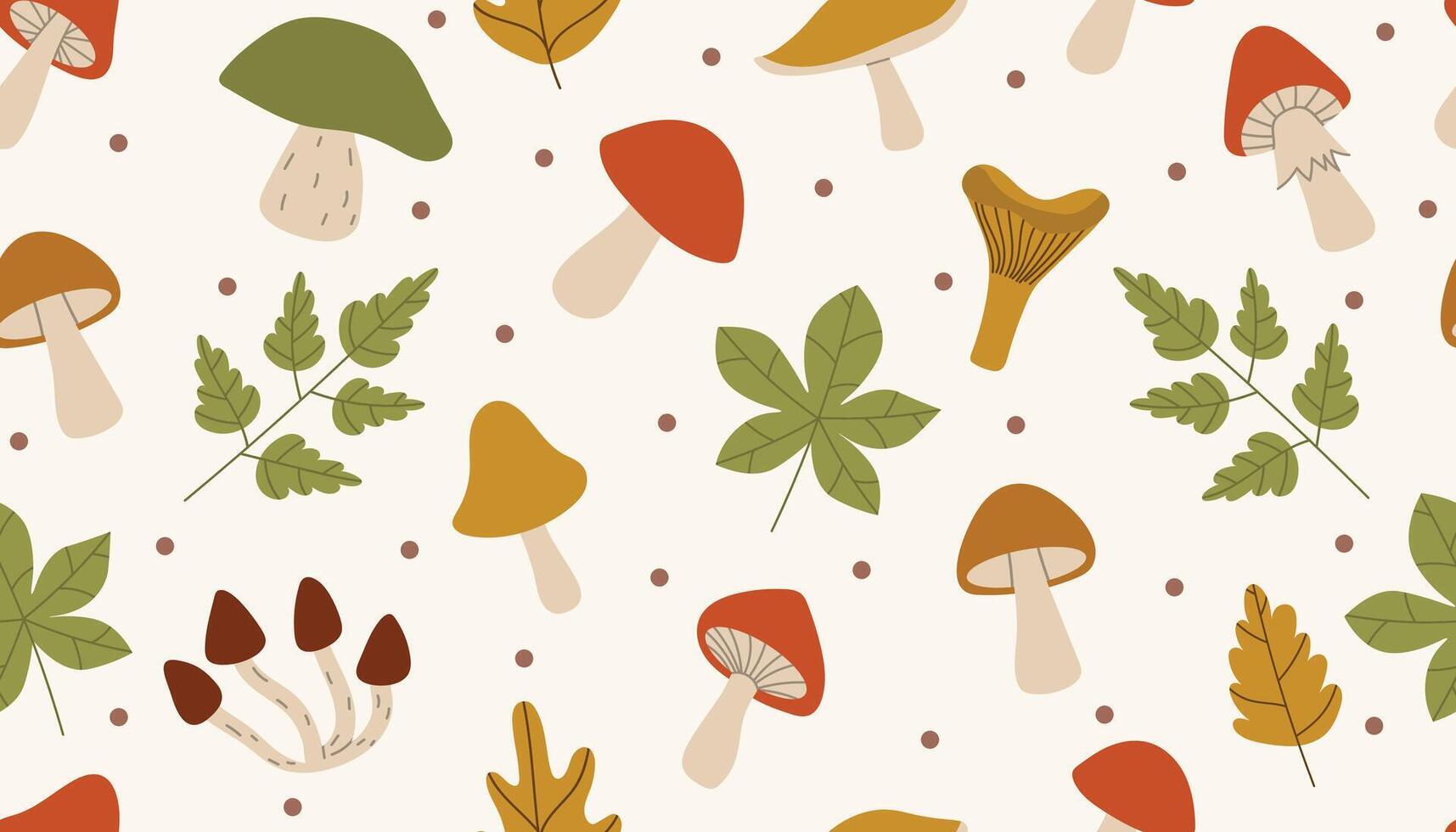 Autumn seamless pattern with mushrooms, leaves and dots on beige background. Cute fall design in flat style for fabric, textile, surface, web and print design, packaging. vector
