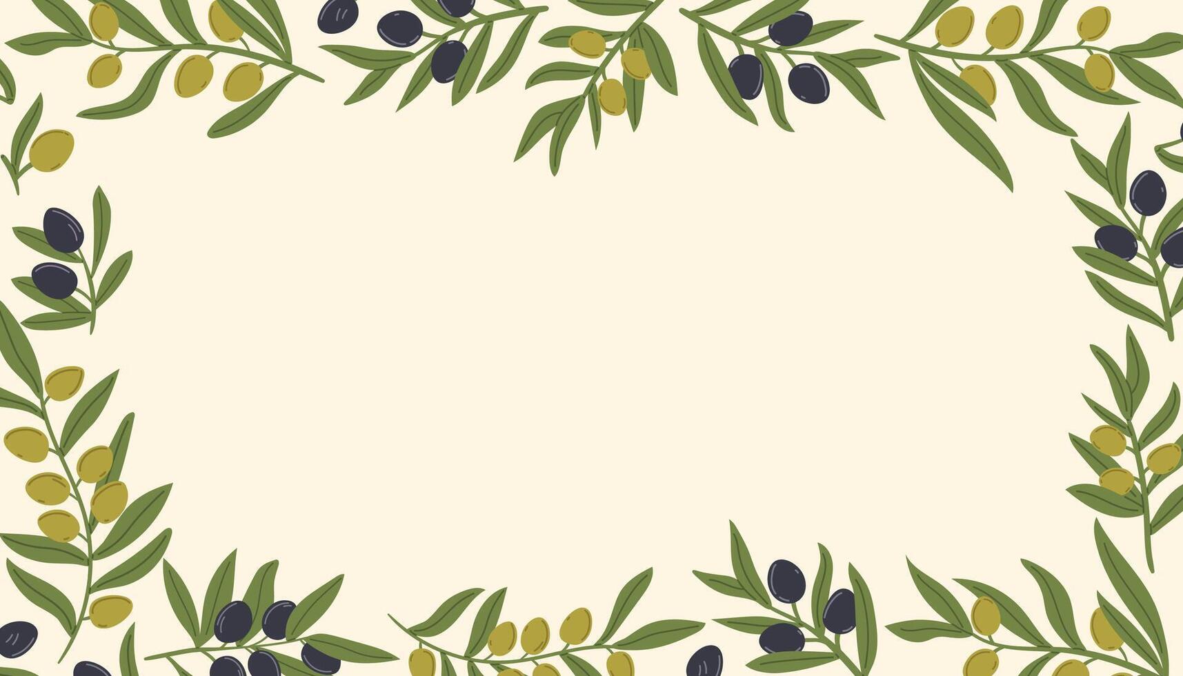 Mediterranean olive branch frame. Hand drawn olive leaves and berries border or card isolated on beige background. vector