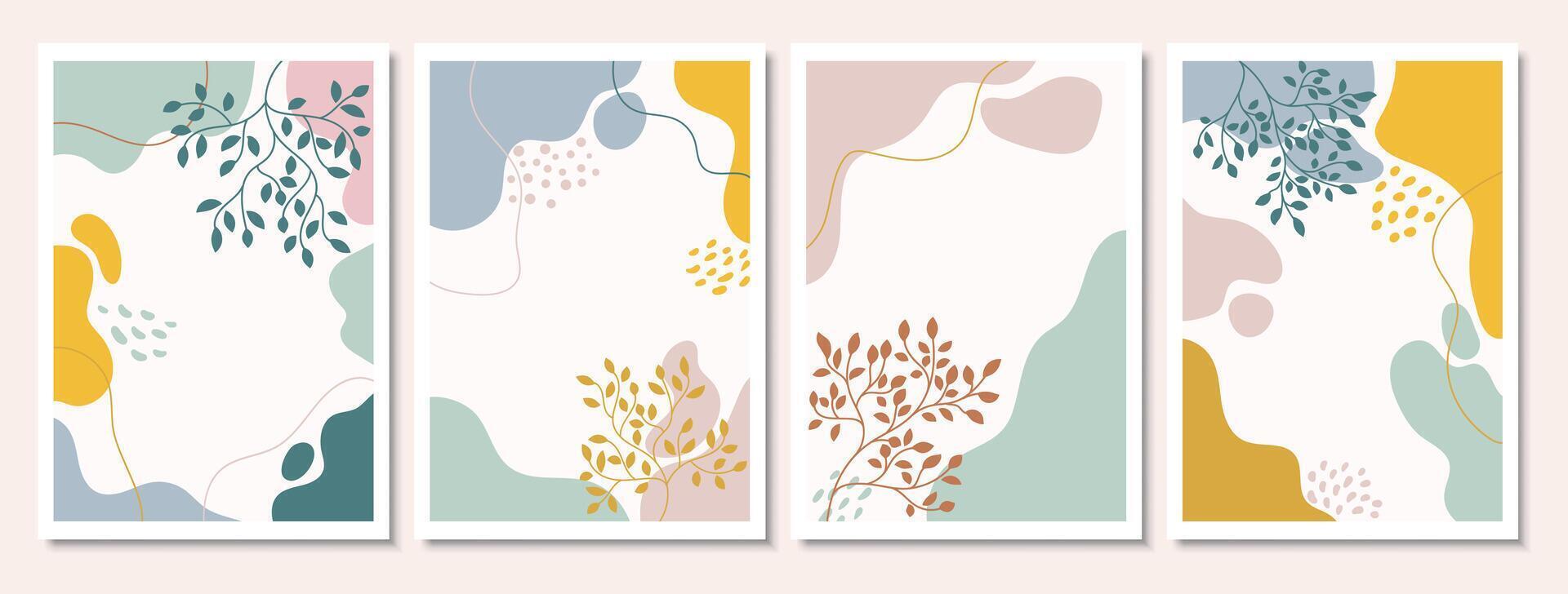 Botanical posters set in neutral colors. Organic shapes cards collection with tree branches. Flower and leaves design for print, wall art for home. vector