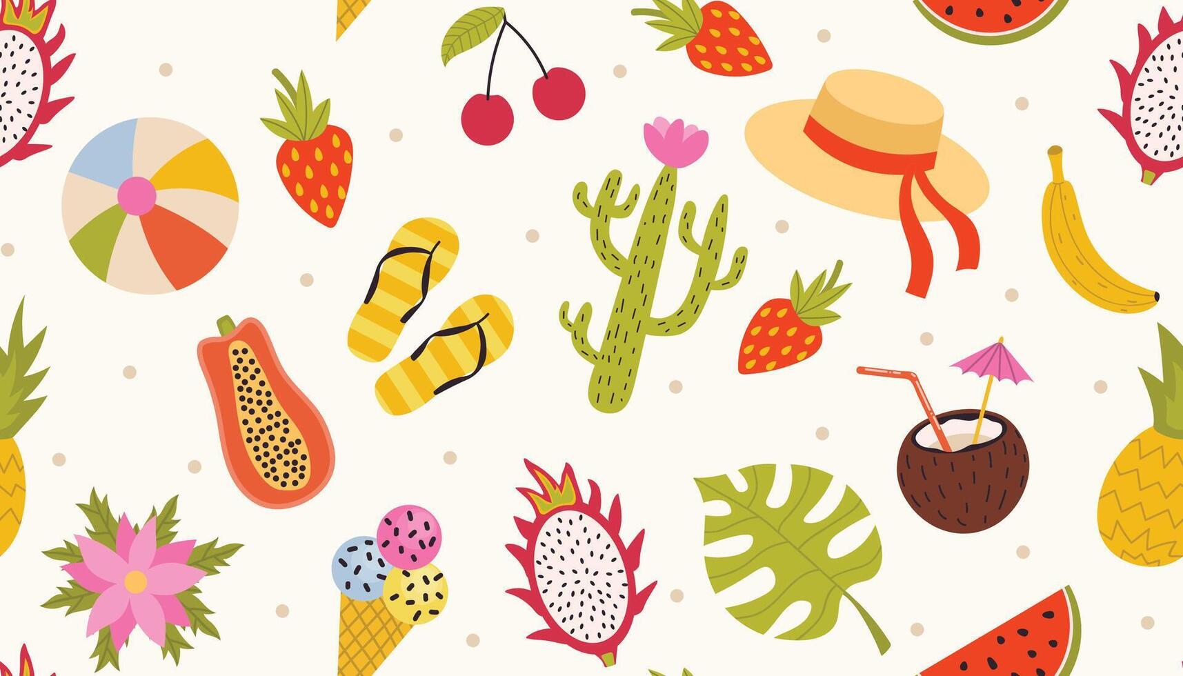 Summer vacation seamless pattern with tropical fruits and cactus, ice cream, hat and more. Colorful summer holidays background in flat style. vector