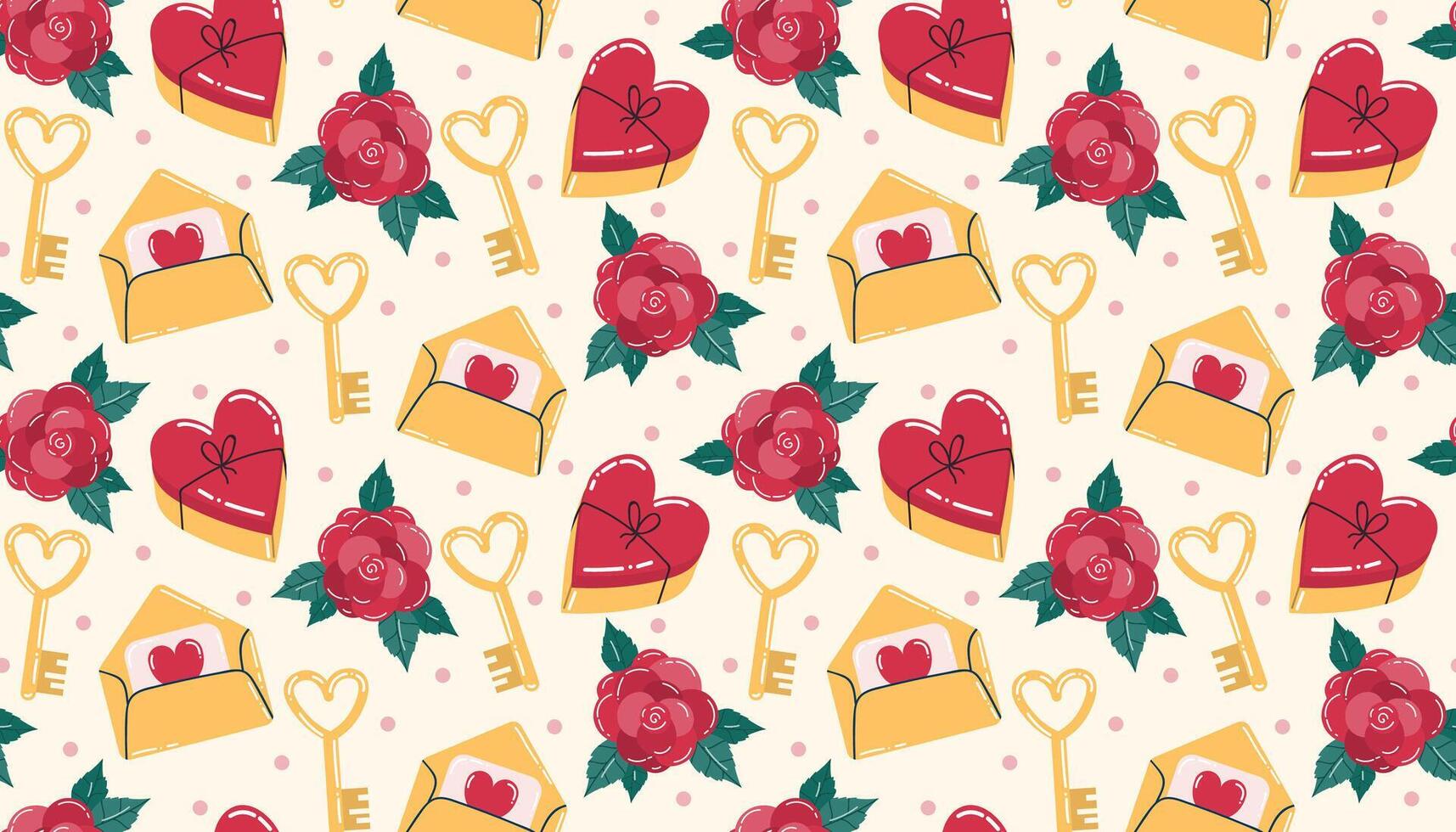 Cute Valentines seamless pattern with heart candy box and envelope, heart shaped key and rose flowers, dots. Happy Valentine's Day vector