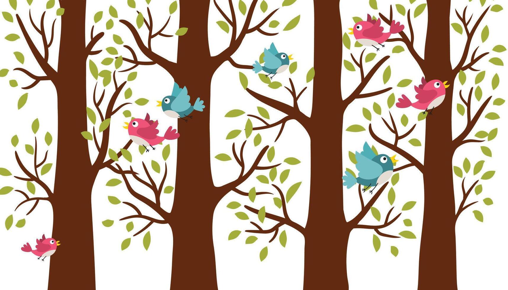 Spring trees standing in a row with young foliage and birds. Forest scene with birds flying between the trees. vector