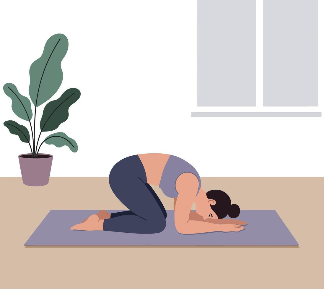 Woman practicing child pose yoga exercise indoor with green plant calm atmosphere vector