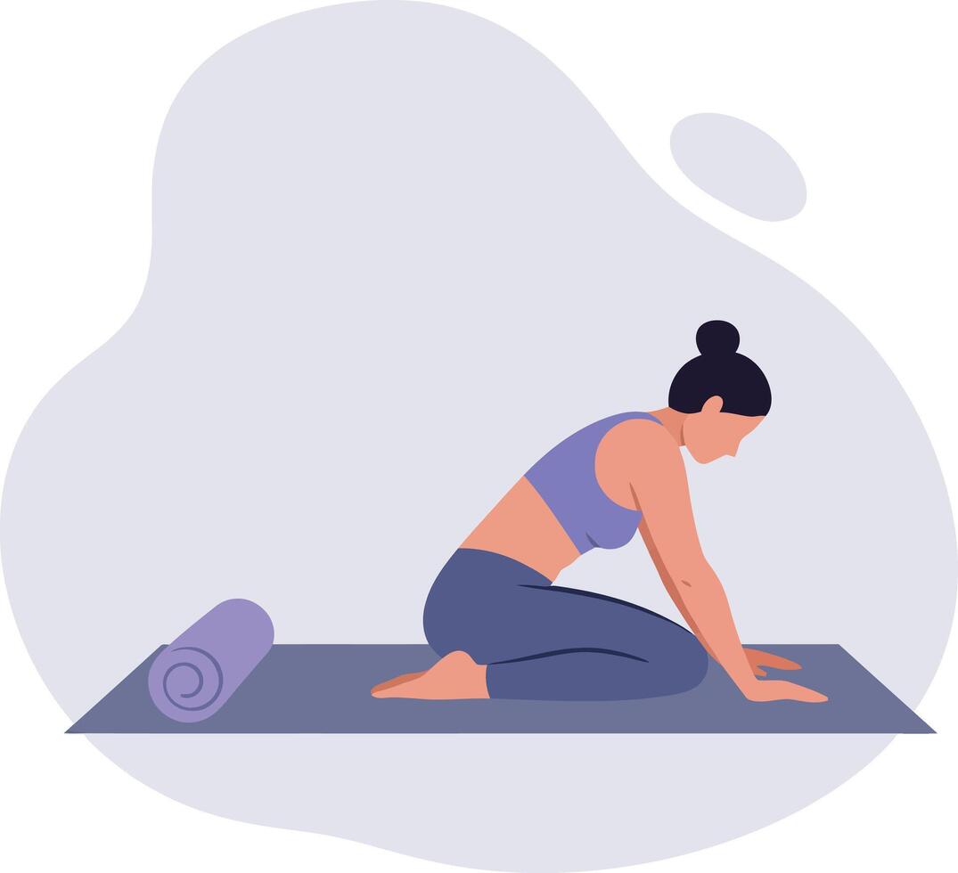 Woman practicing yoga stretching pose on mat with rolled towel illustration vector