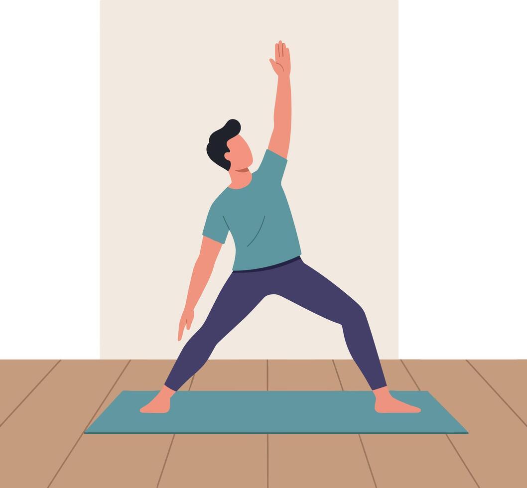 Man practicing yoga on blue mat in indoor setting with wooden floor illustration vector
