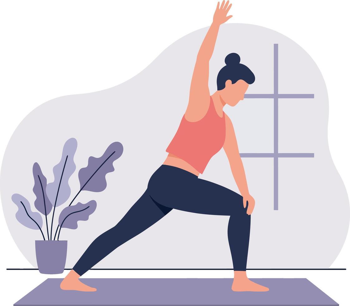 Woman practicing yoga stretching exercise indoors on mat with plant and window background illustration vector