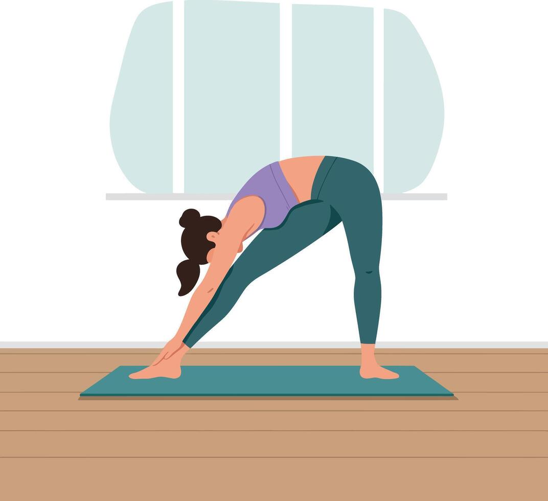 Woman practicing yoga in triangle pose on mat with natural light indoors vector