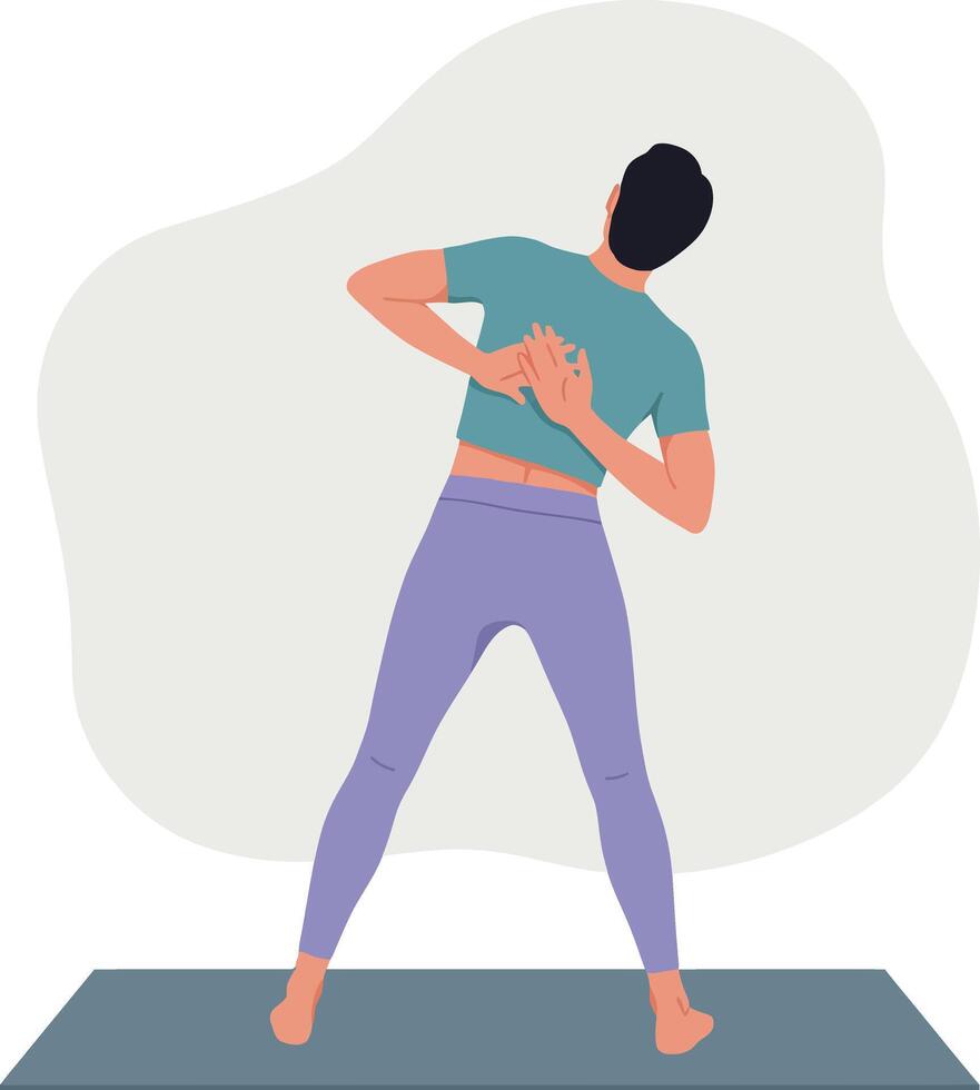 Man practicing yoga stretch pose on mat in casual wear illustration vector