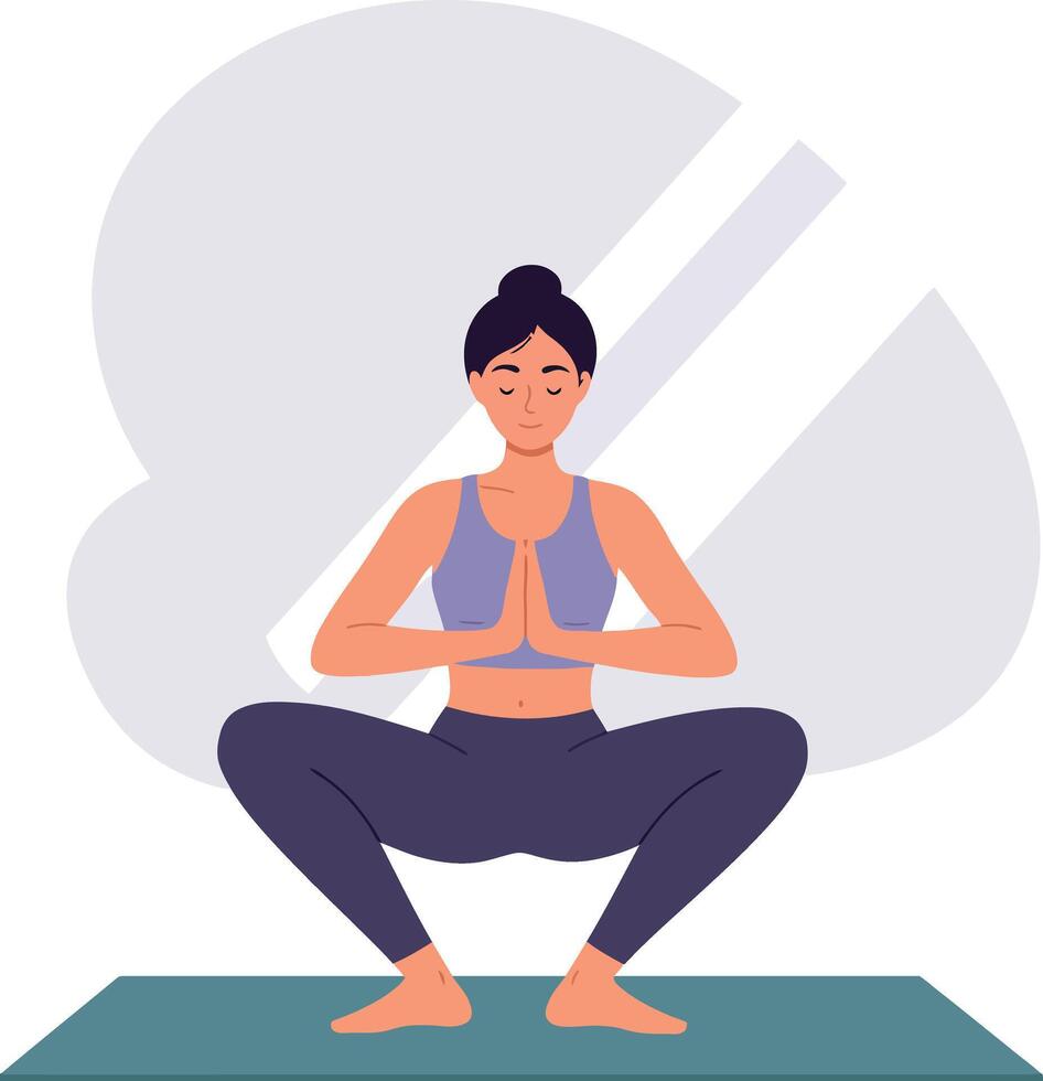 Woman practicing yoga in garland pose on green mat with purple outfit illustration vector