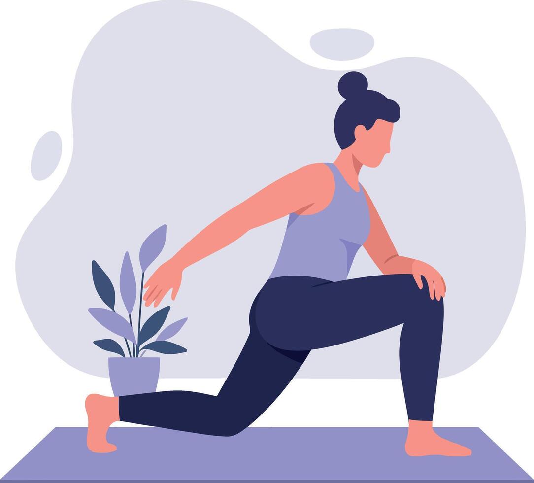 Woman practicing yoga stretching exercise on mat in calm environment illustration vector