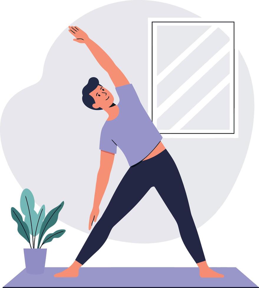 Man stretching exercise at home with purple shirt and black pants on yoga mat vector