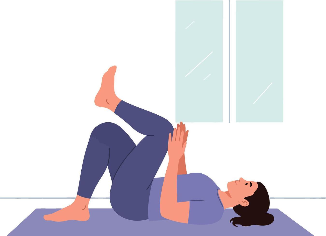 Woman practicing yoga exercise on mat in indoor room with window natural light vector