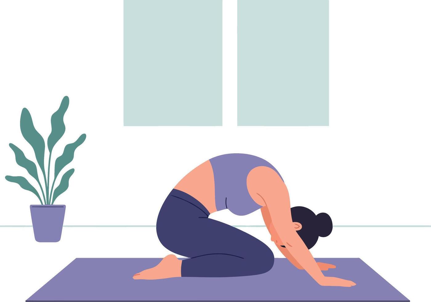 Woman practicing childs pose yoga exercise in minimal indoor setting with plant and window vector
