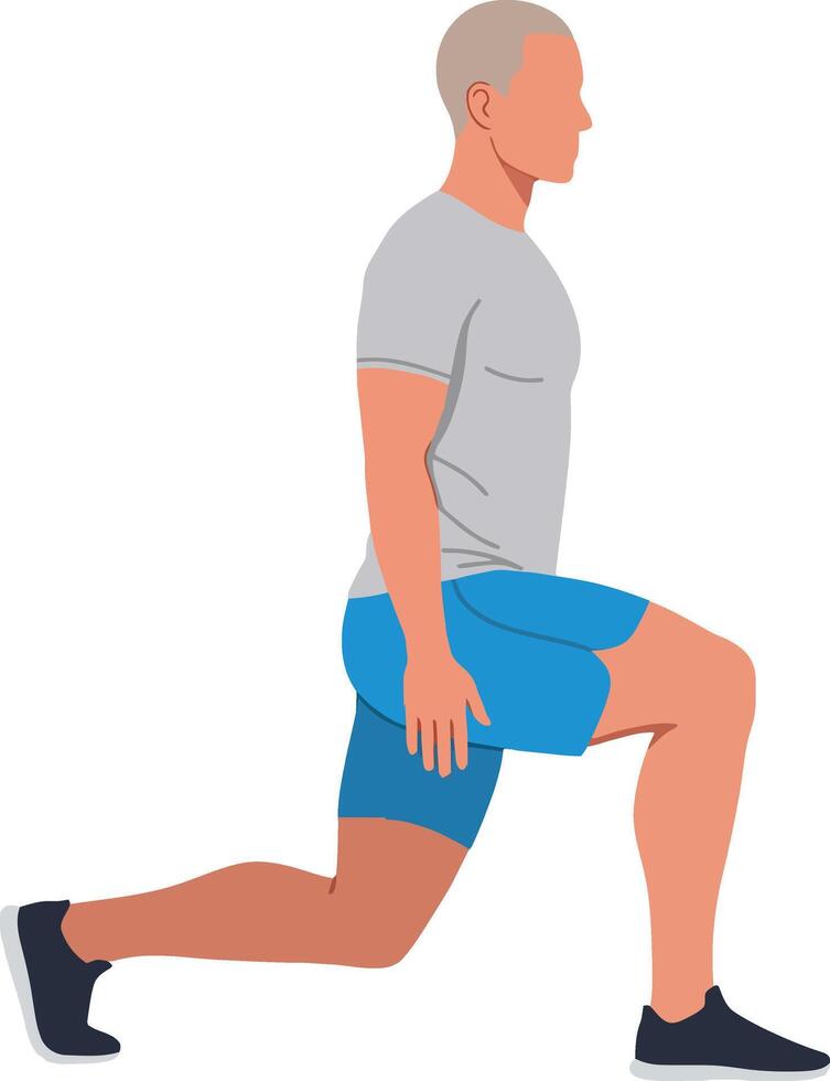 Man Performing Lunge Exercise in Fitness Workout Routine with Blue Shorts and Grey Shirt vector