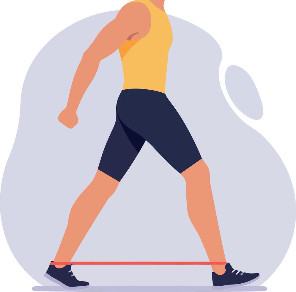 Resistance Band Exercise Man Walking Fitness Training Illustration in Yellow Top and Black Shorts vector
